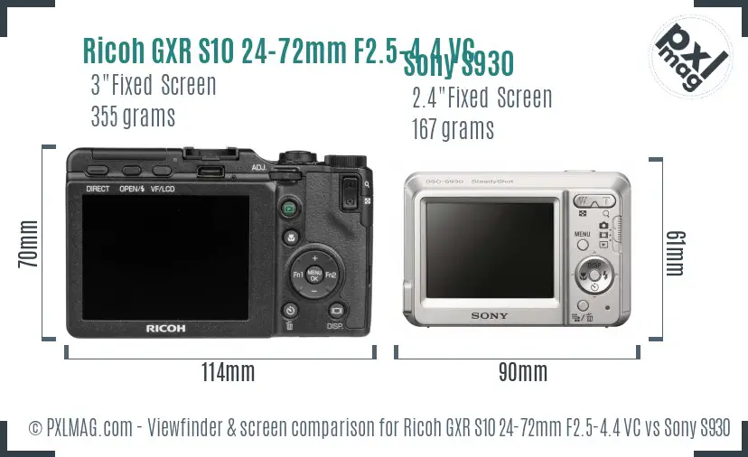 Ricoh GXR S10 24-72mm F2.5-4.4 VC vs Sony S930 Screen and Viewfinder comparison