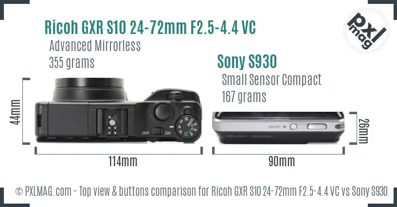 Ricoh GXR S10 24-72mm F2.5-4.4 VC vs Sony S930 top view buttons comparison