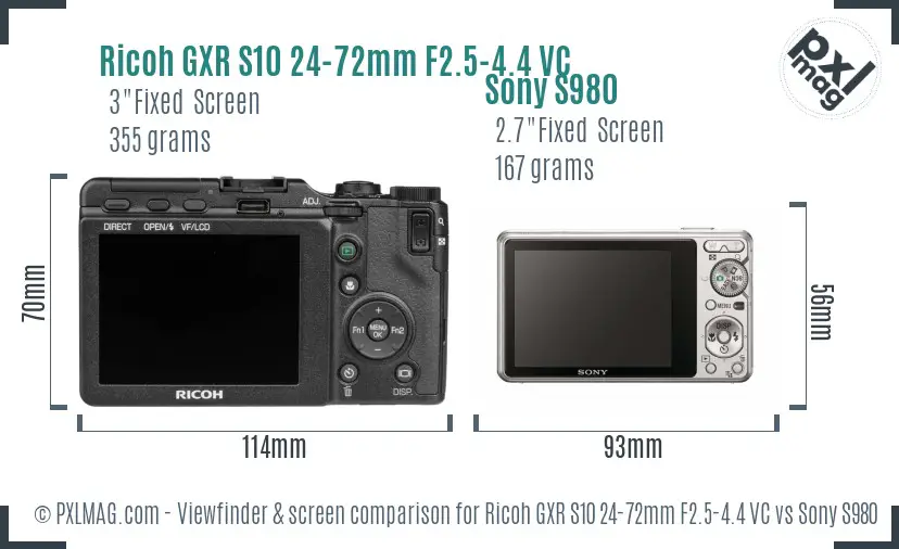 Ricoh GXR S10 24-72mm F2.5-4.4 VC vs Sony S980 Screen and Viewfinder comparison