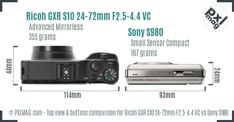 Ricoh GXR S10 24-72mm F2.5-4.4 VC vs Sony S980 top view buttons comparison
