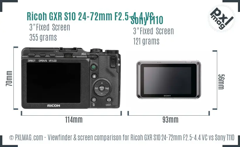 Ricoh GXR S10 24-72mm F2.5-4.4 VC vs Sony T110 Screen and Viewfinder comparison