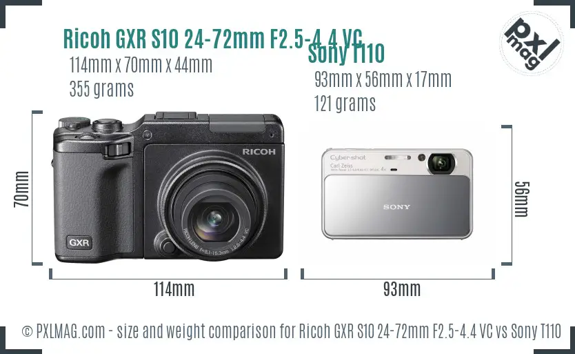 Ricoh GXR S10 24-72mm F2.5-4.4 VC vs Sony T110 size comparison