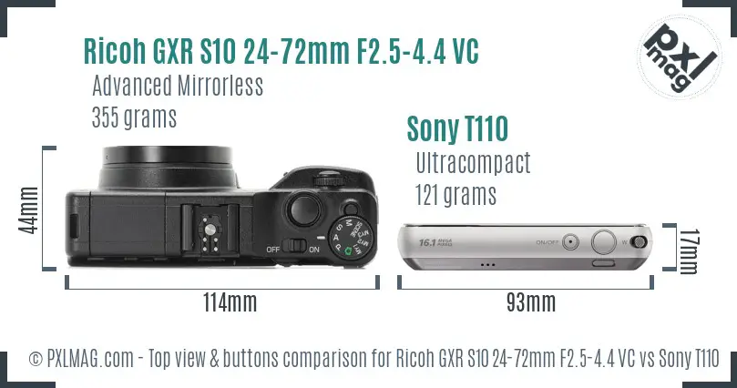 Ricoh GXR S10 24-72mm F2.5-4.4 VC vs Sony T110 top view buttons comparison