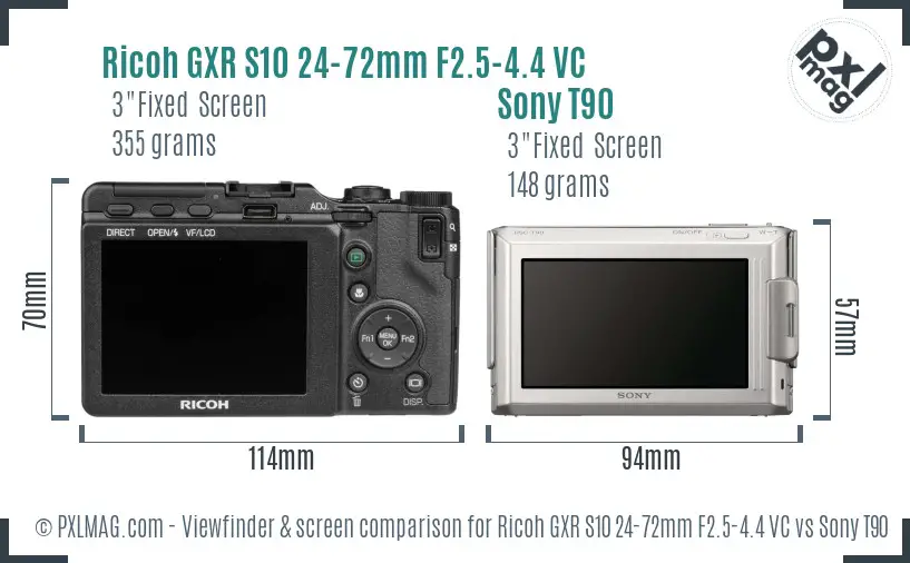 Ricoh GXR S10 24-72mm F2.5-4.4 VC vs Sony T90 Screen and Viewfinder comparison