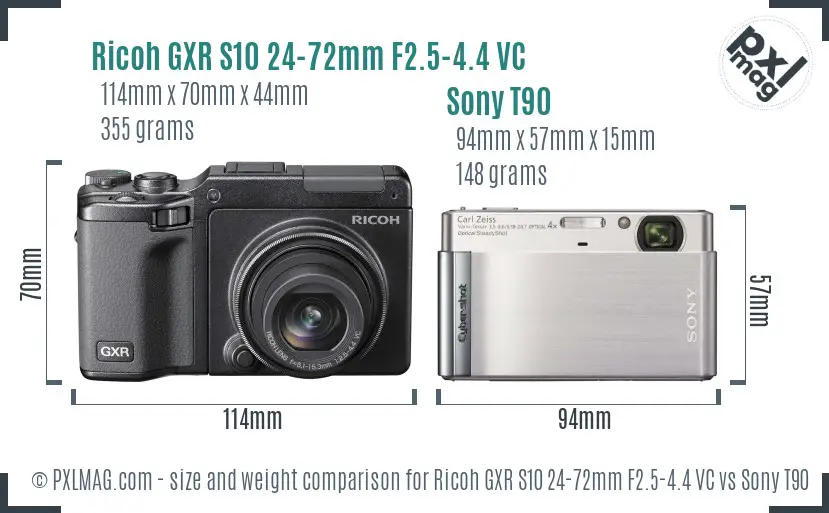 Ricoh GXR S10 24-72mm F2.5-4.4 VC vs Sony T90 size comparison