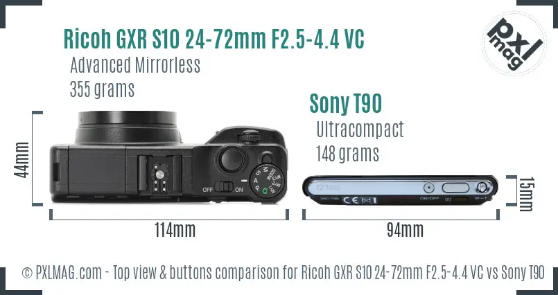 Ricoh GXR S10 24-72mm F2.5-4.4 VC vs Sony T90 top view buttons comparison