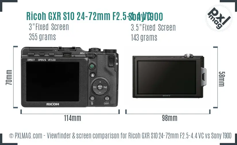 Ricoh GXR S10 24-72mm F2.5-4.4 VC vs Sony T900 Screen and Viewfinder comparison