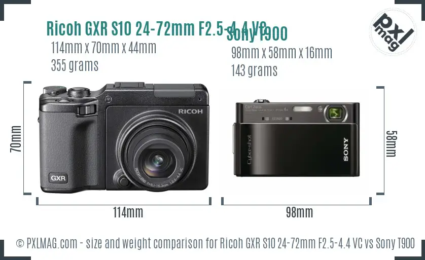 Ricoh GXR S10 24-72mm F2.5-4.4 VC vs Sony T900 size comparison