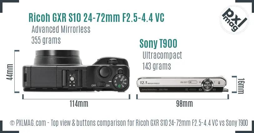 Ricoh GXR S10 24-72mm F2.5-4.4 VC vs Sony T900 top view buttons comparison