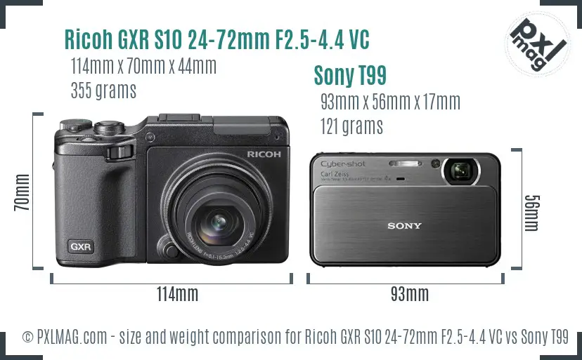 Ricoh GXR S10 24-72mm F2.5-4.4 VC vs Sony T99 size comparison