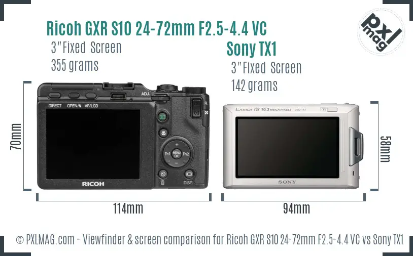 Ricoh GXR S10 24-72mm F2.5-4.4 VC vs Sony TX1 Screen and Viewfinder comparison