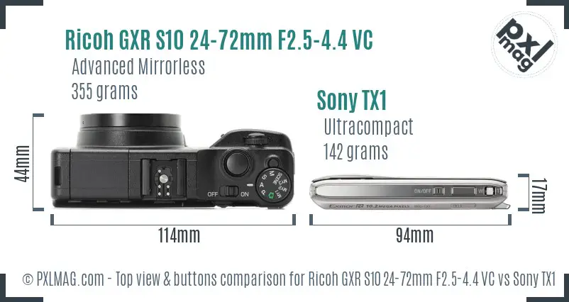 Ricoh GXR S10 24-72mm F2.5-4.4 VC vs Sony TX1 top view buttons comparison