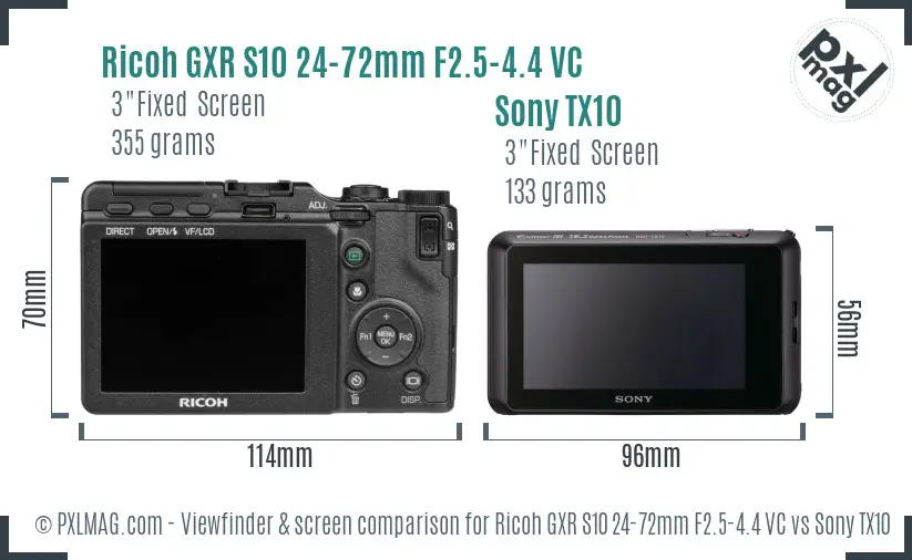 Ricoh GXR S10 24-72mm F2.5-4.4 VC vs Sony TX10 Screen and Viewfinder comparison