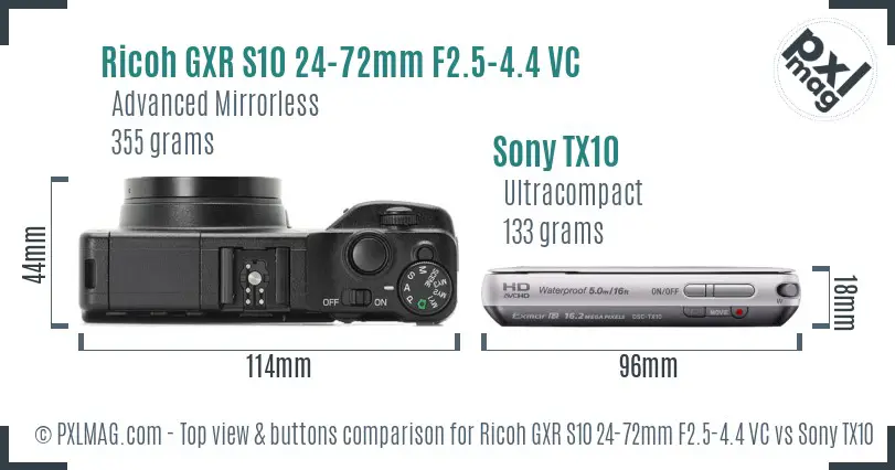 Ricoh GXR S10 24-72mm F2.5-4.4 VC vs Sony TX10 top view buttons comparison