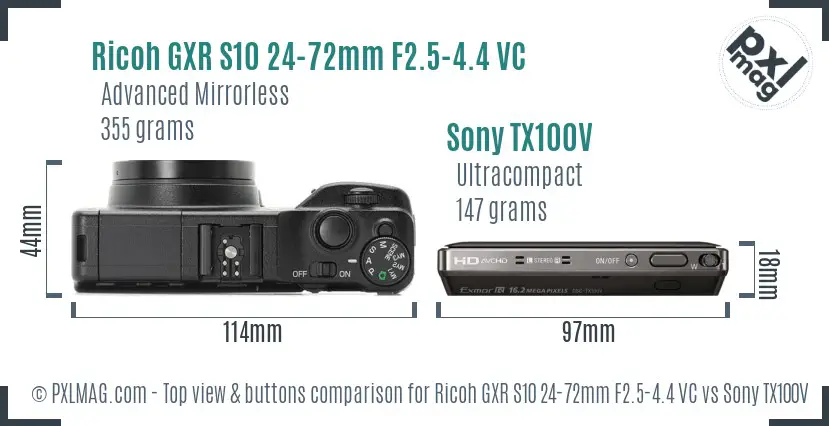 Ricoh GXR S10 24-72mm F2.5-4.4 VC vs Sony TX100V top view buttons comparison