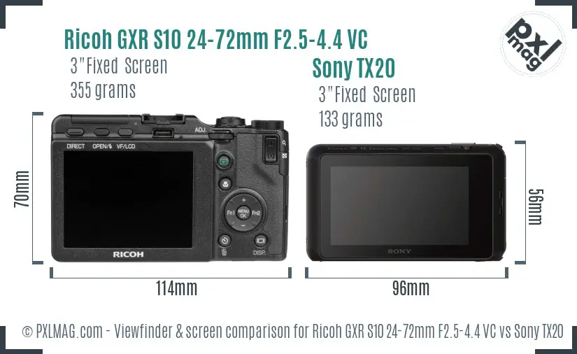 Ricoh GXR S10 24-72mm F2.5-4.4 VC vs Sony TX20 Screen and Viewfinder comparison