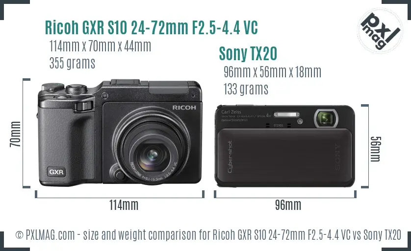 Ricoh GXR S10 24-72mm F2.5-4.4 VC vs Sony TX20 size comparison
