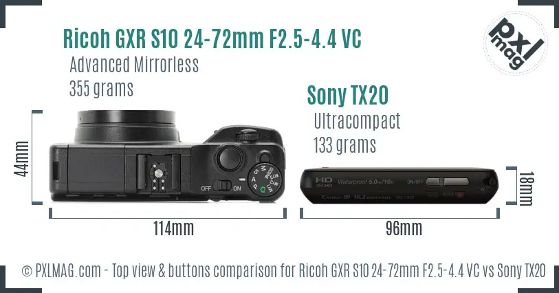 Ricoh GXR S10 24-72mm F2.5-4.4 VC vs Sony TX20 top view buttons comparison