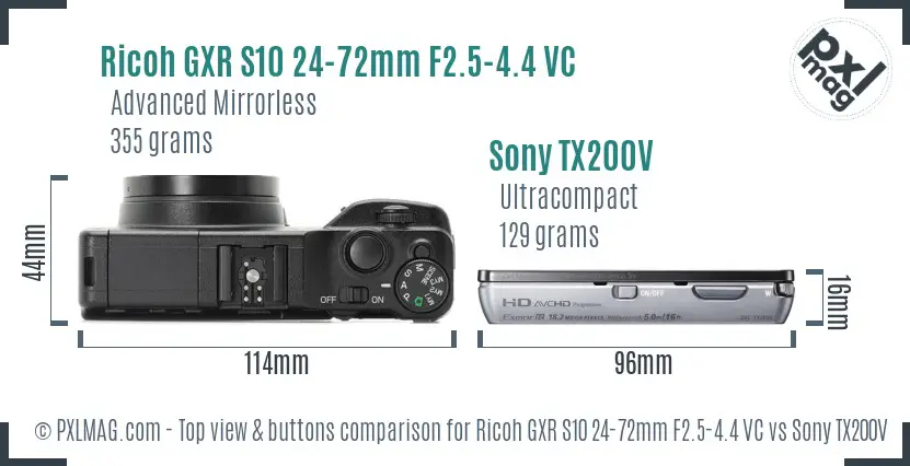 Ricoh GXR S10 24-72mm F2.5-4.4 VC vs Sony TX200V top view buttons comparison