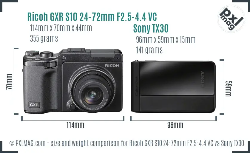 Ricoh GXR S10 24-72mm F2.5-4.4 VC vs Sony TX30 size comparison