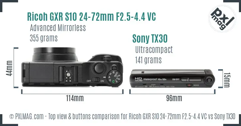 Ricoh GXR S10 24-72mm F2.5-4.4 VC vs Sony TX30 top view buttons comparison