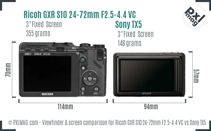 Ricoh GXR S10 24-72mm F2.5-4.4 VC vs Sony TX5 Screen and Viewfinder comparison