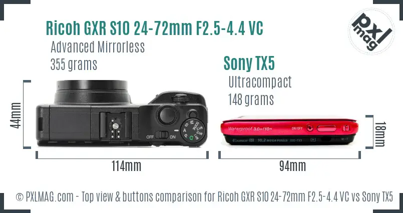 Ricoh GXR S10 24-72mm F2.5-4.4 VC vs Sony TX5 top view buttons comparison