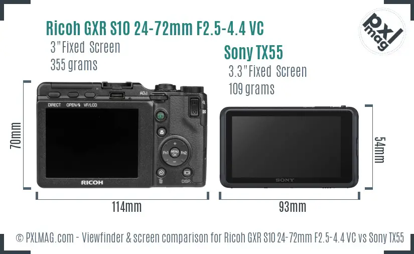 Ricoh GXR S10 24-72mm F2.5-4.4 VC vs Sony TX55 Screen and Viewfinder comparison