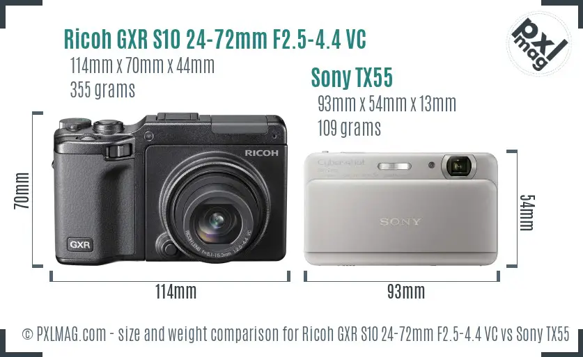 Ricoh GXR S10 24-72mm F2.5-4.4 VC vs Sony TX55 size comparison