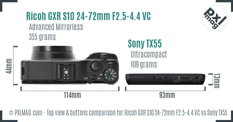 Ricoh GXR S10 24-72mm F2.5-4.4 VC vs Sony TX55 top view buttons comparison