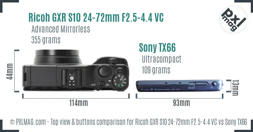 Ricoh GXR S10 24-72mm F2.5-4.4 VC vs Sony TX66 top view buttons comparison