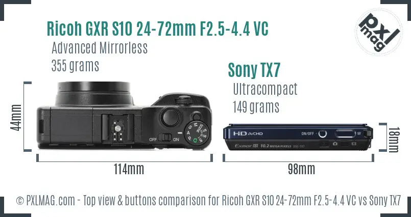 Ricoh GXR S10 24-72mm F2.5-4.4 VC vs Sony TX7 top view buttons comparison