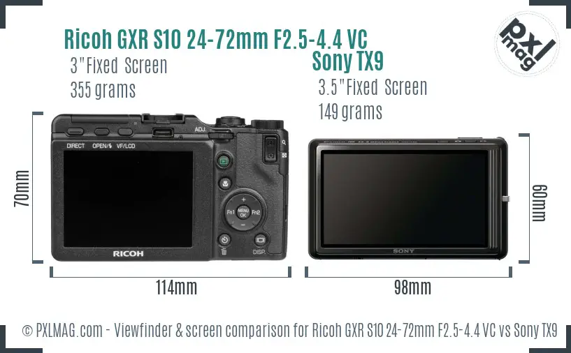 Ricoh GXR S10 24-72mm F2.5-4.4 VC vs Sony TX9 Screen and Viewfinder comparison