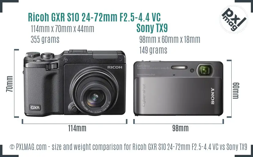 Ricoh GXR S10 24-72mm F2.5-4.4 VC vs Sony TX9 size comparison