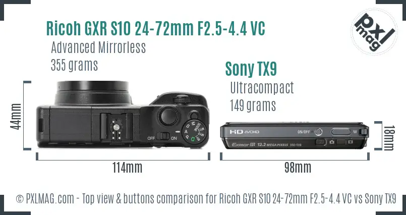 Ricoh GXR S10 24-72mm F2.5-4.4 VC vs Sony TX9 top view buttons comparison