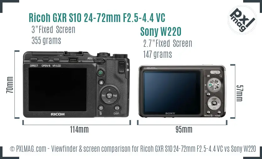 Ricoh GXR S10 24-72mm F2.5-4.4 VC vs Sony W220 Screen and Viewfinder comparison