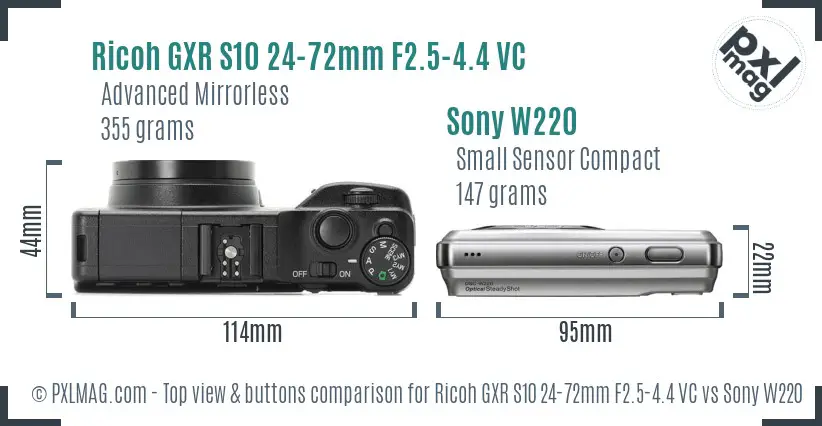 Ricoh GXR S10 24-72mm F2.5-4.4 VC vs Sony W220 top view buttons comparison