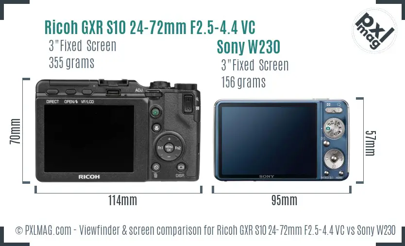 Ricoh GXR S10 24-72mm F2.5-4.4 VC vs Sony W230 Screen and Viewfinder comparison