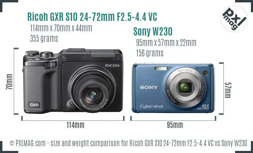 Ricoh GXR S10 24-72mm F2.5-4.4 VC vs Sony W230 size comparison