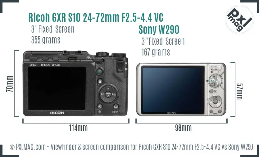 Ricoh GXR S10 24-72mm F2.5-4.4 VC vs Sony W290 Screen and Viewfinder comparison