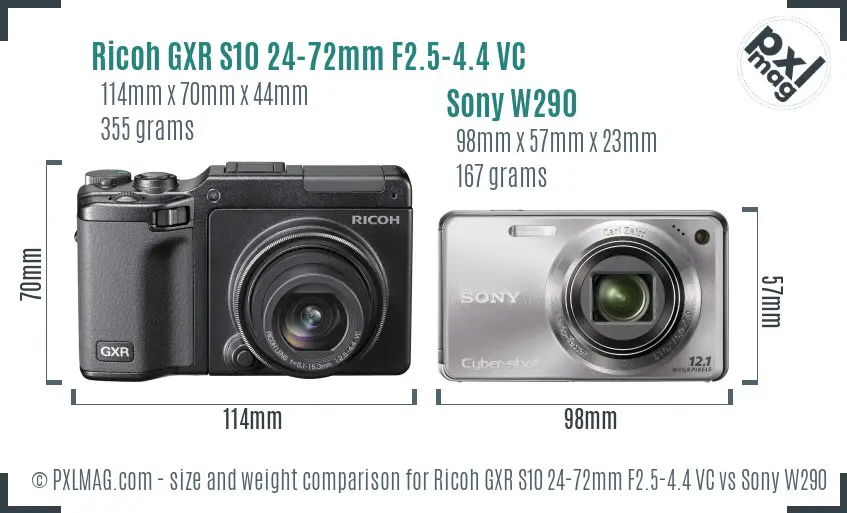 Ricoh GXR S10 24-72mm F2.5-4.4 VC vs Sony W290 size comparison