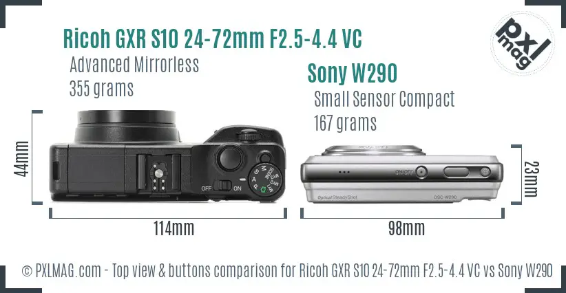 Ricoh GXR S10 24-72mm F2.5-4.4 VC vs Sony W290 top view buttons comparison