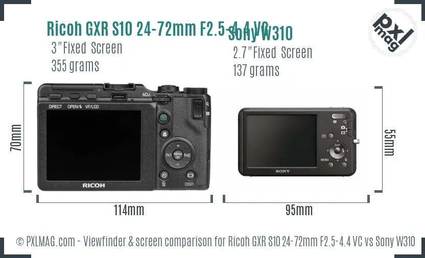 Ricoh GXR S10 24-72mm F2.5-4.4 VC vs Sony W310 Screen and Viewfinder comparison