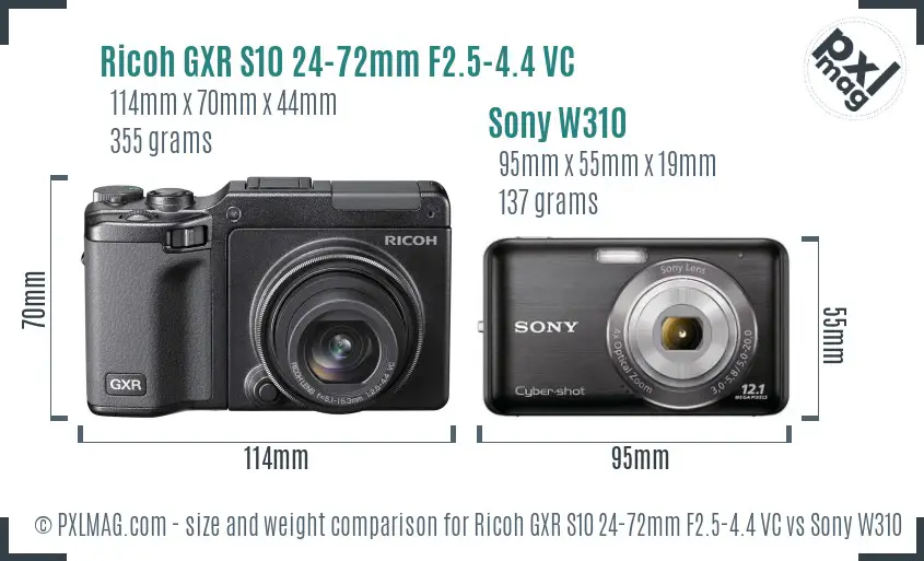 Ricoh GXR S10 24-72mm F2.5-4.4 VC vs Sony W310 size comparison