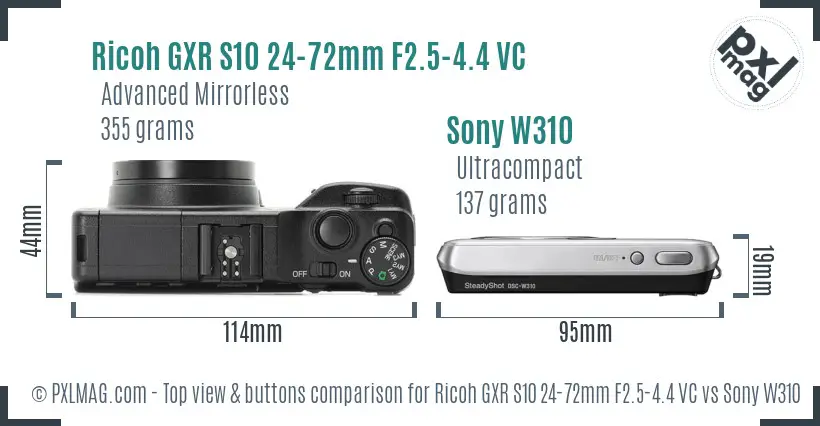 Ricoh GXR S10 24-72mm F2.5-4.4 VC vs Sony W310 top view buttons comparison