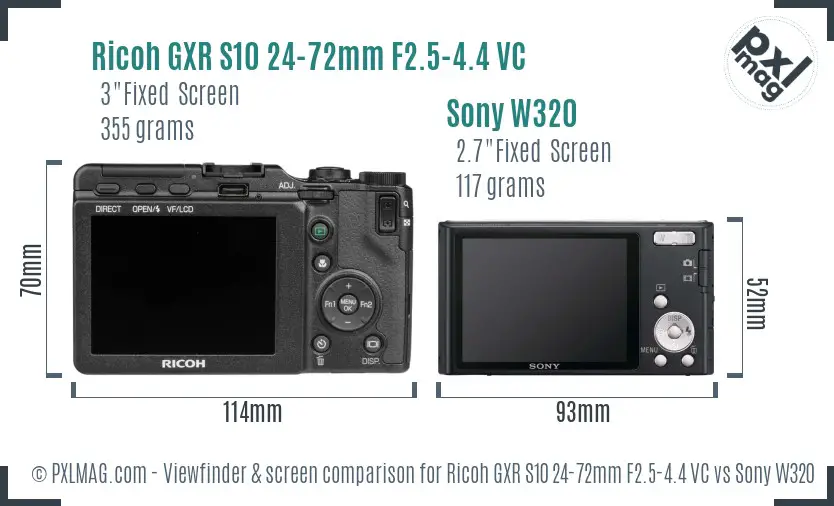 Ricoh GXR S10 24-72mm F2.5-4.4 VC vs Sony W320 Screen and Viewfinder comparison