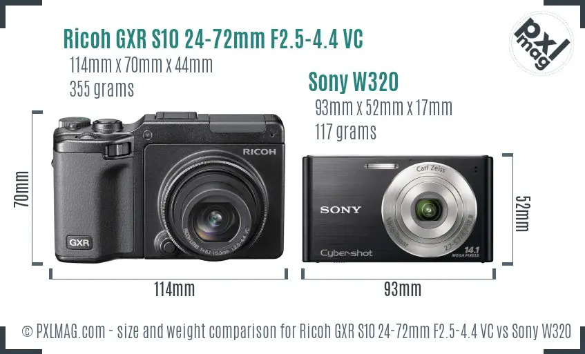 Ricoh GXR S10 24-72mm F2.5-4.4 VC vs Sony W320 size comparison