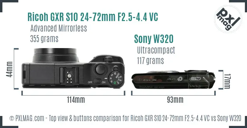 Ricoh GXR S10 24-72mm F2.5-4.4 VC vs Sony W320 top view buttons comparison