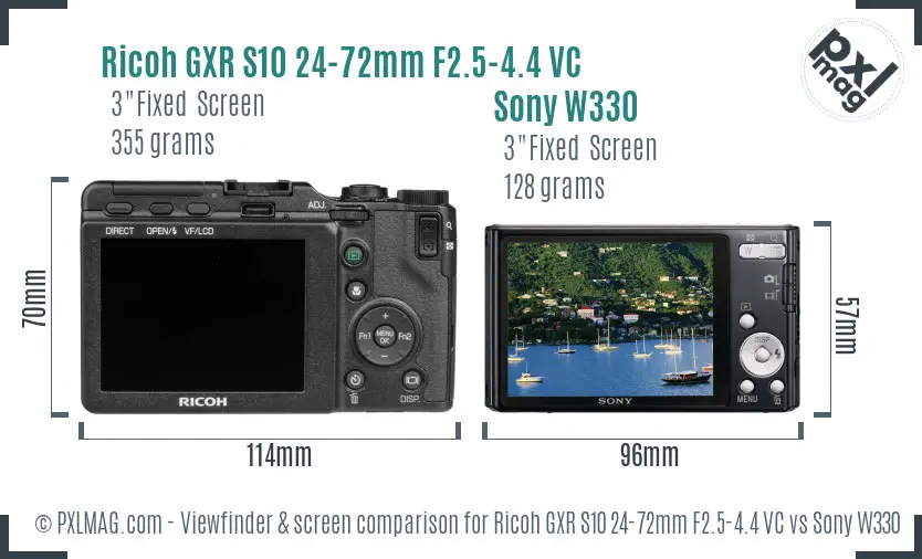 Ricoh GXR S10 24-72mm F2.5-4.4 VC vs Sony W330 Screen and Viewfinder comparison