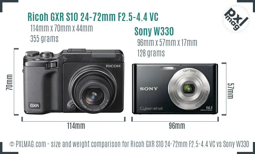 Ricoh GXR S10 24-72mm F2.5-4.4 VC vs Sony W330 size comparison